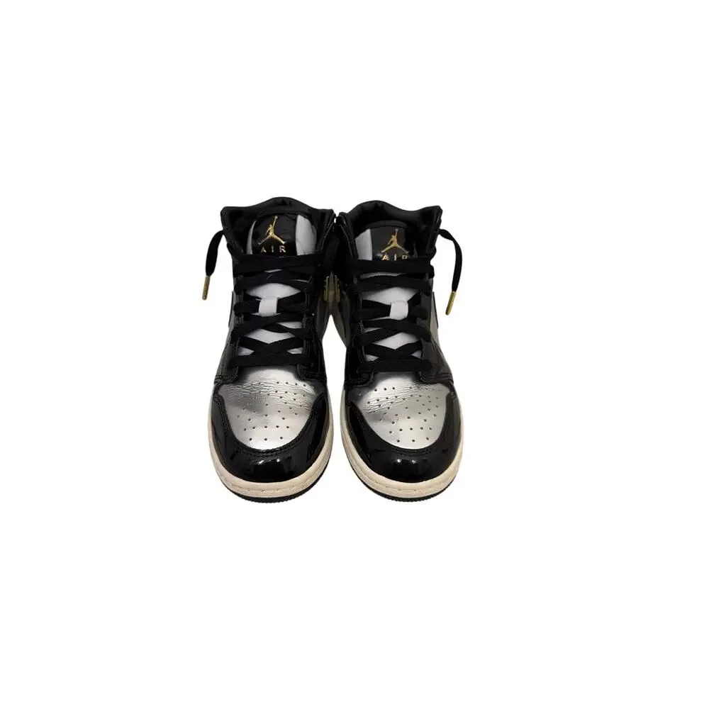 Nike Air Jordan 1 Mid SE GS 'Black Metallic Silver' Patent Leather Sneakers 5